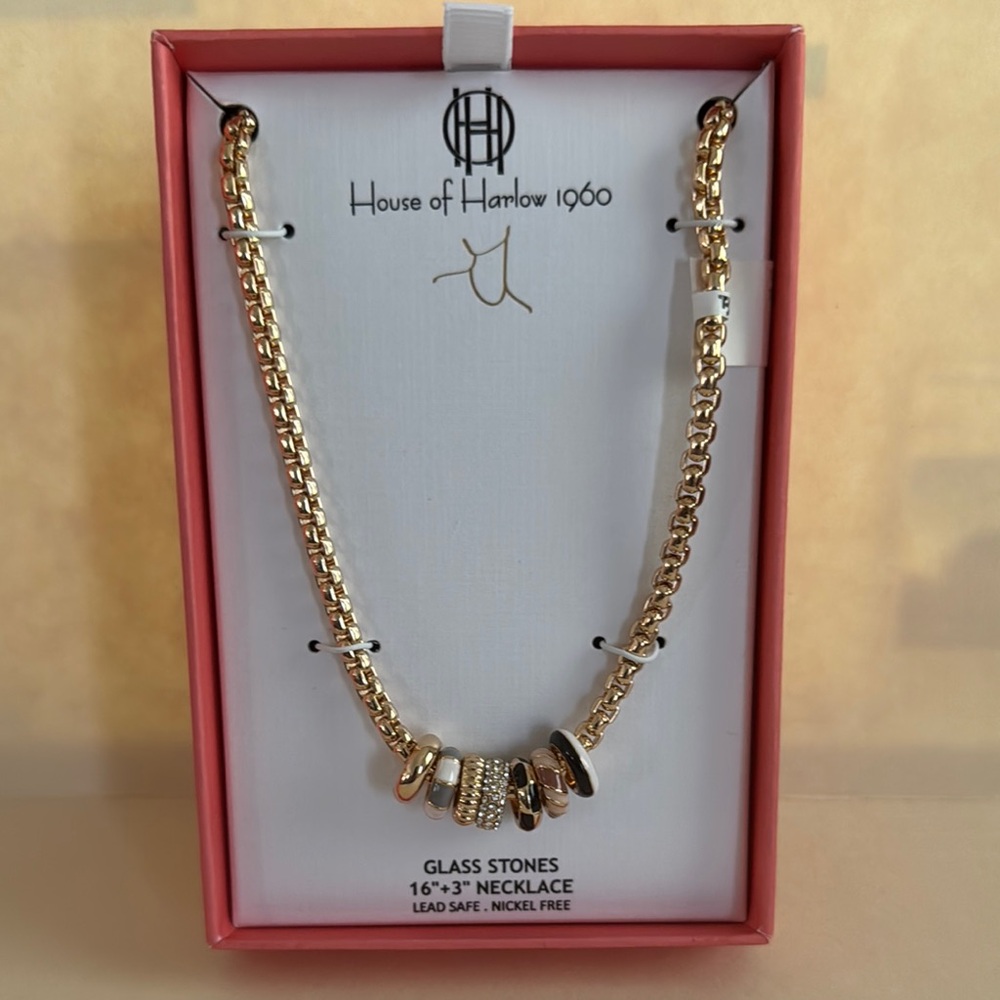 HOUSE OF HARLOW Enamel Ring Necklace Gold Tone Black White Brown Tan NIB $125